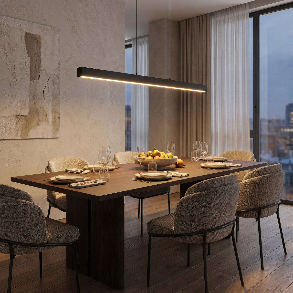 Drewniana lampa wisząca LED nad stół jadalny, czarno-biała, 80-120cm, architektoniczny design, ciepłe światło, domowe biuro, wnętrza | Sansoti