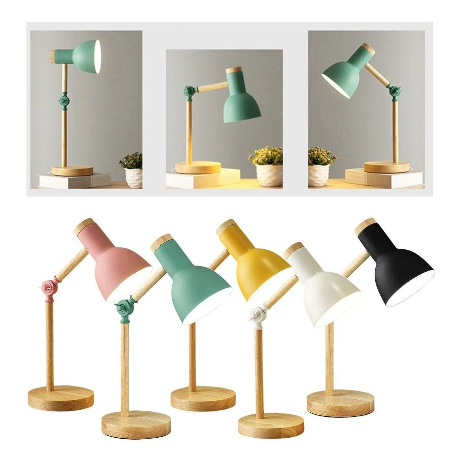 Lampe de bureau réglable en bois avec abat-jour en métal, design scandinave, pliable, E27, vert, noir, blanc, rose | Sansoti