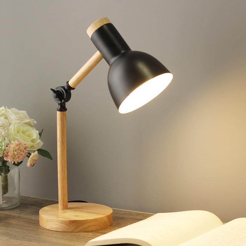 Lampe de bureau réglable en bois avec abat-jour en métal, design scandinave, pliable, E27, vert, noir, blanc, rose | Sansoti