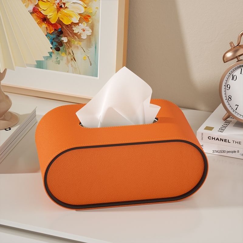 Tissuebox Leer Ovaal 22cm Oranje Bureau Woonkamer Tissuehouder Luxe Tissuedoos Decoratief Modern Interieur | Sansoti