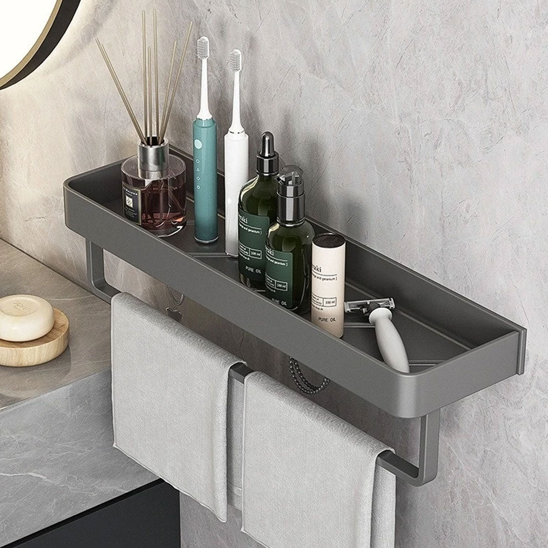 Badkamer plank aluminium zelfklevend 30cm grijs zwevend rek douche wandplank met handdoekhouder organizer badkamer | Sansoti