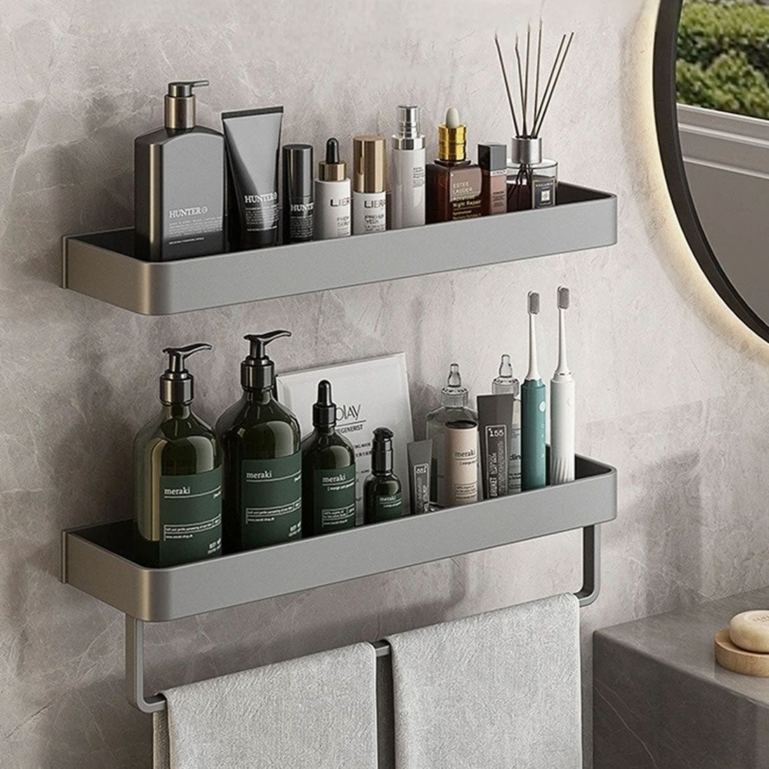 Badkamer plank aluminium zelfklevend 30cm grijs zwevend rek douche wandplank met handdoekhouder organizer badkamer | Sansoti