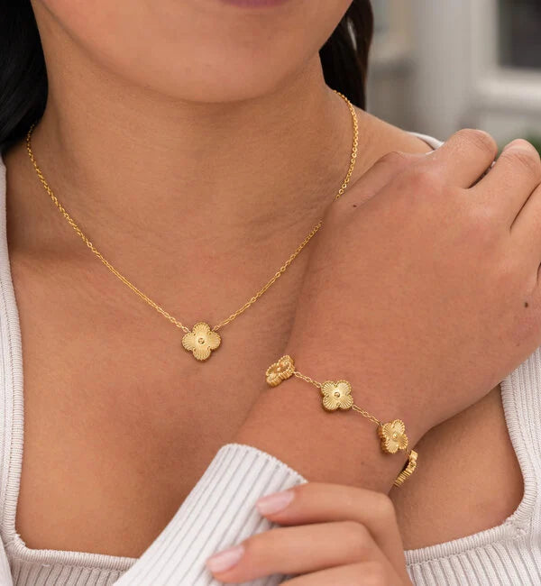 Parure de bijoux trèfle en argent plaqué or collier bracelet boucles d’oreilles coffret cadeau accessoire élégant pour femme porte-bonheur | Sansoti