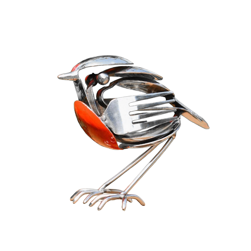 Metalen Vogelbeeldje Roodborstje Gerecycled Bestek Tuindecoratie Uniek Handgemaakt Sculptuur Duurzaam | Sansoti