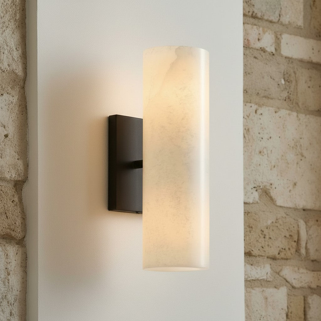 Cilindervormige wandlamp met natuurlijk albast of geribde glazen kap Brons Nikkel Messing | Sansoti