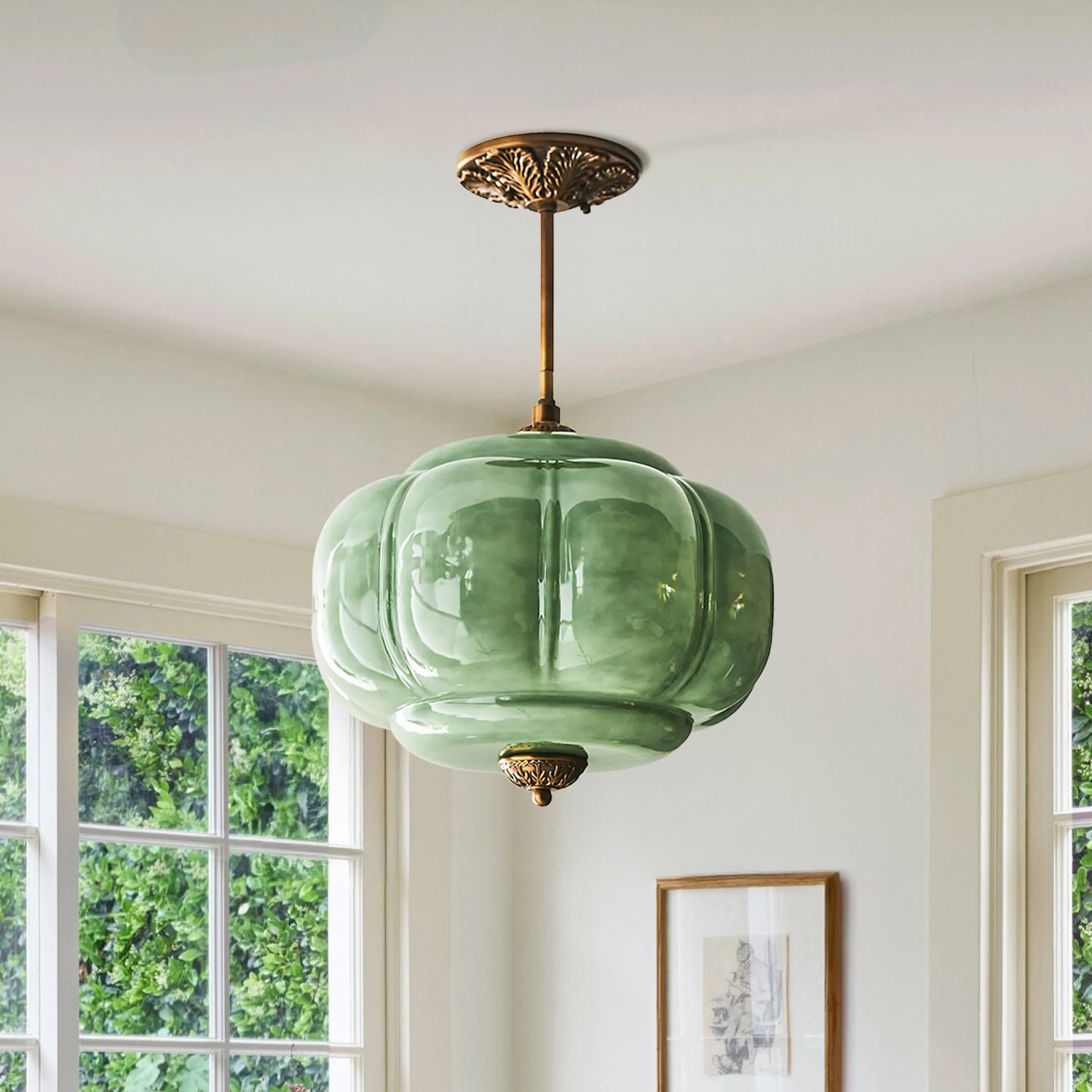 Antique Brass Plafondlamp met Groen Glas Pompoendesign - Elegante Hanglamp voor Eetkamer Keukeneiland Slaapkamer | Sansoti