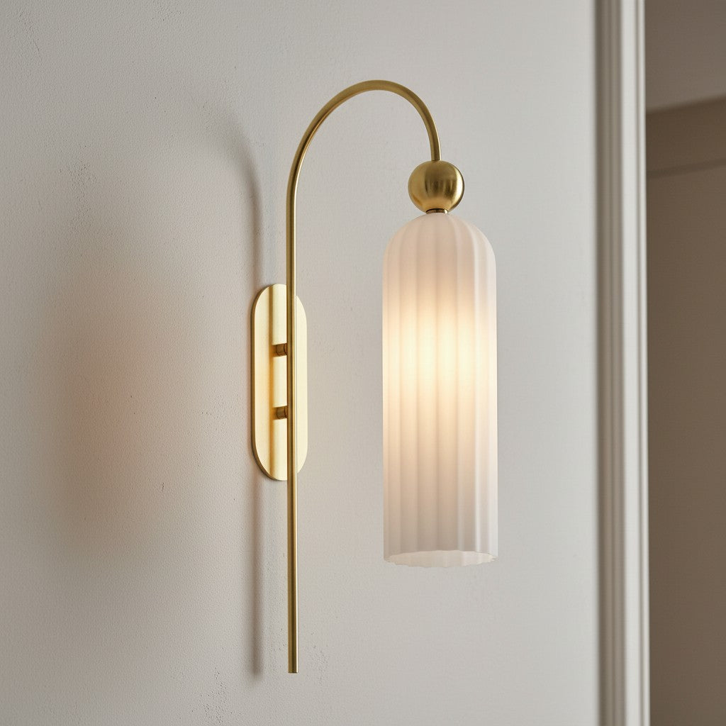 Geribbelde Glazen Wandlamp Cilindervorm met Gouden Fitting voor Gang, Slaapkamer, Woonkamer | Sansoti