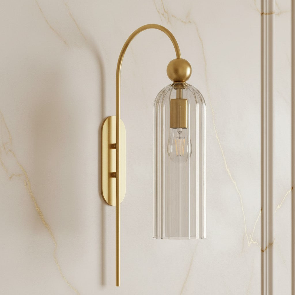 Geribbelde Glazen Wandlamp Cilindervorm met Gouden Fitting voor Gang, Slaapkamer, Woonkamer | Sansoti