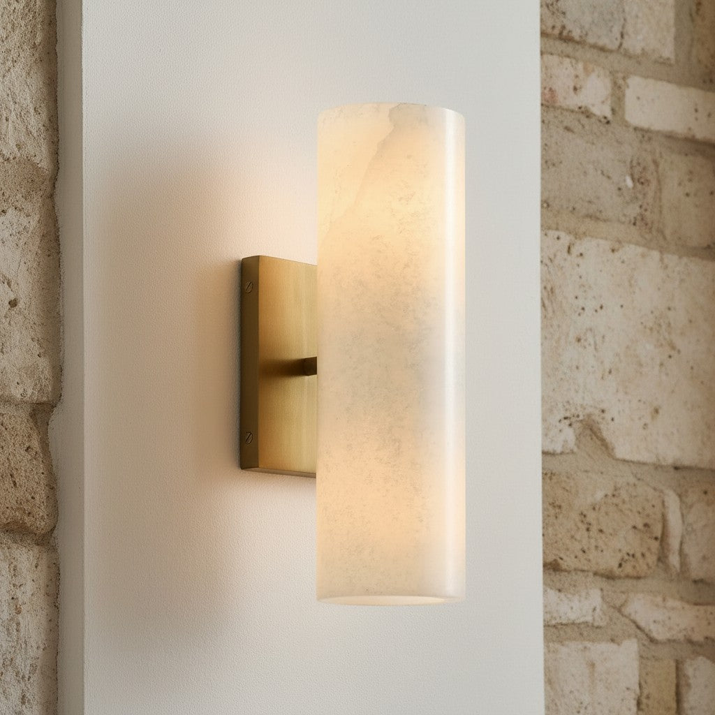 Cilindervormige wandlamp met natuurlijk albast of geribde glazen kap Brons Nikkel Messing | Sansoti