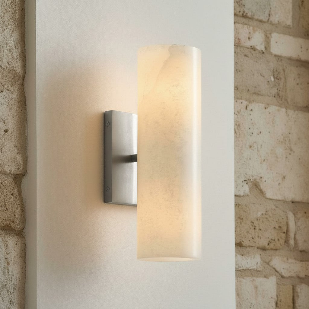 Cilindervormige wandlamp met natuurlijk albast of geribde glazen kap Brons Nikkel Messing | Sansoti