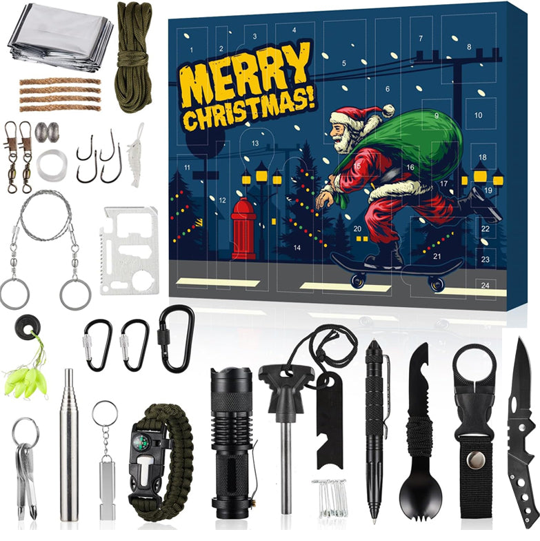 Outdoor Survival Adventskalender 24 Dagen – Compleet Overlevingsset met Gadgets en Gereedschap voor Avonturiers | Sansoti