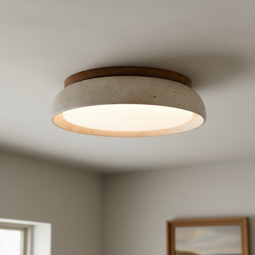 Scandinavische Plafondlamp Travertijn met Houtaccent — Moderne Ronde Opbouwspot Natuursteen en Acryl Inbouw LED Verlichting Warm Wit 3000K Slaapkamer Gang Entree Woonkamer — Ø 30 cm × H 7 cm | Sansoti