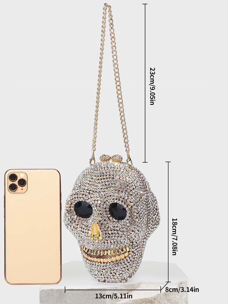 Skull bag with crystals, women's clutch, black faux leather, detachable chain, party bag, evening bag, shoulder bag | Sansoti