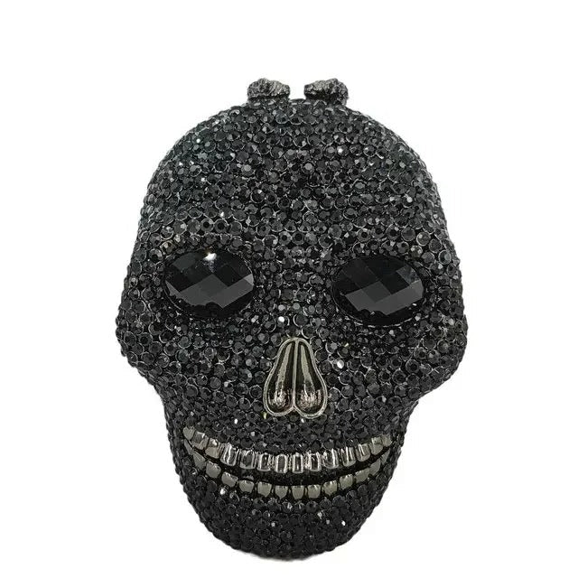 Skull bag with crystals, women's clutch, black faux leather, detachable chain, party bag, evening bag, shoulder bag | Sansoti
