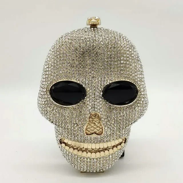 Skull bag with crystals, women's clutch, black faux leather, detachable chain, party bag, evening bag, shoulder bag | Sansoti
