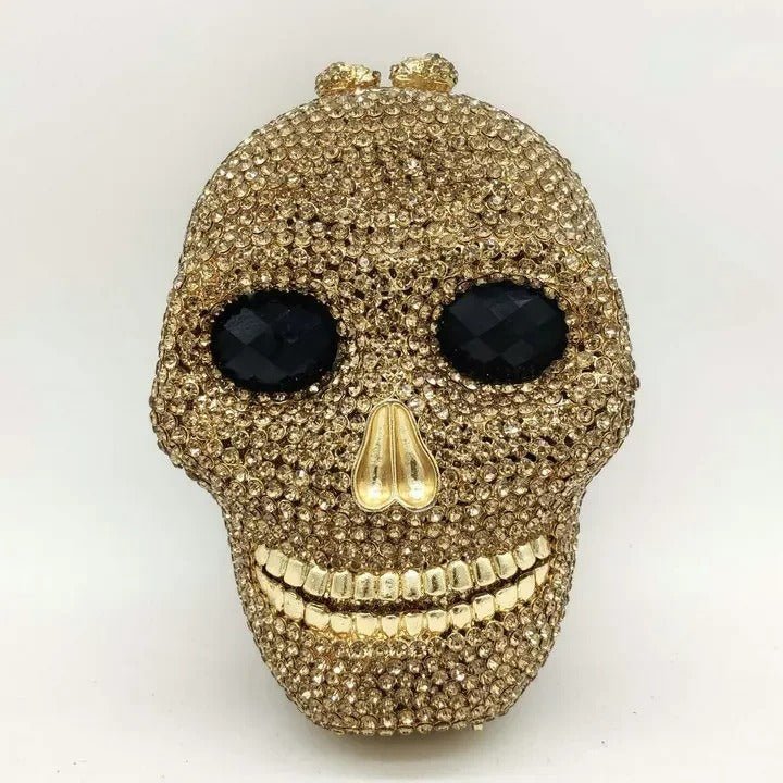 Skull bag with crystals, women's clutch, black faux leather, detachable chain, party bag, evening bag, shoulder bag | Sansoti