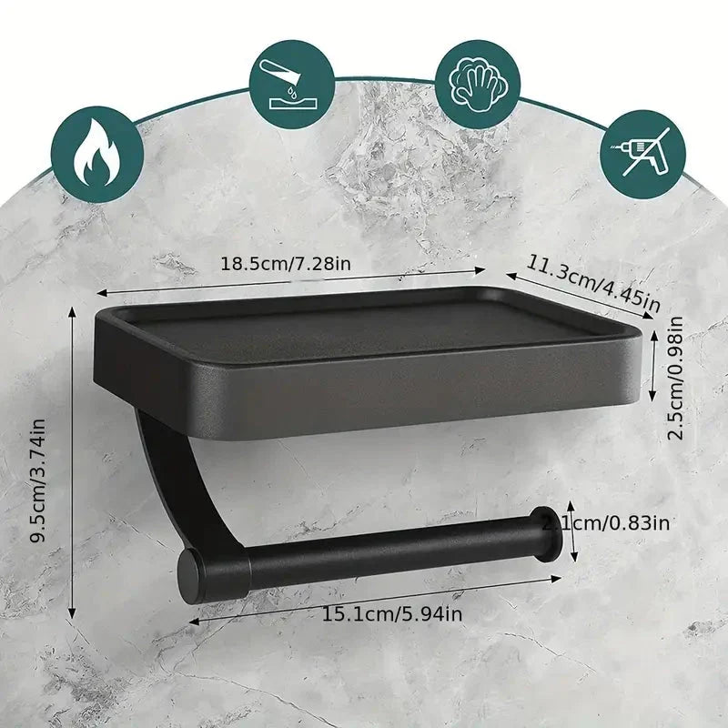 Toiletrolhouder met Plankje RVS Wandmontage Zonder Boren Modern Badkameraccessoire Zwart Wit Grijs Smartphone | Sansoti