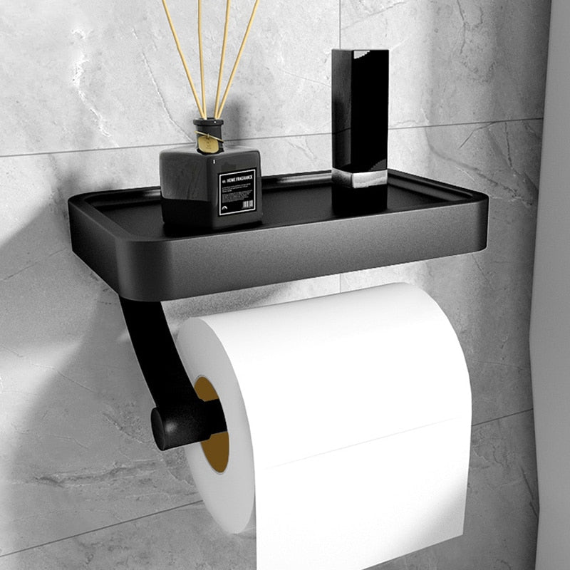 Toiletrolhouder met Plankje RVS Wandmontage Zonder Boren Modern Badkameraccessoire Zwart Wit Grijs Smartphone | Sansoti