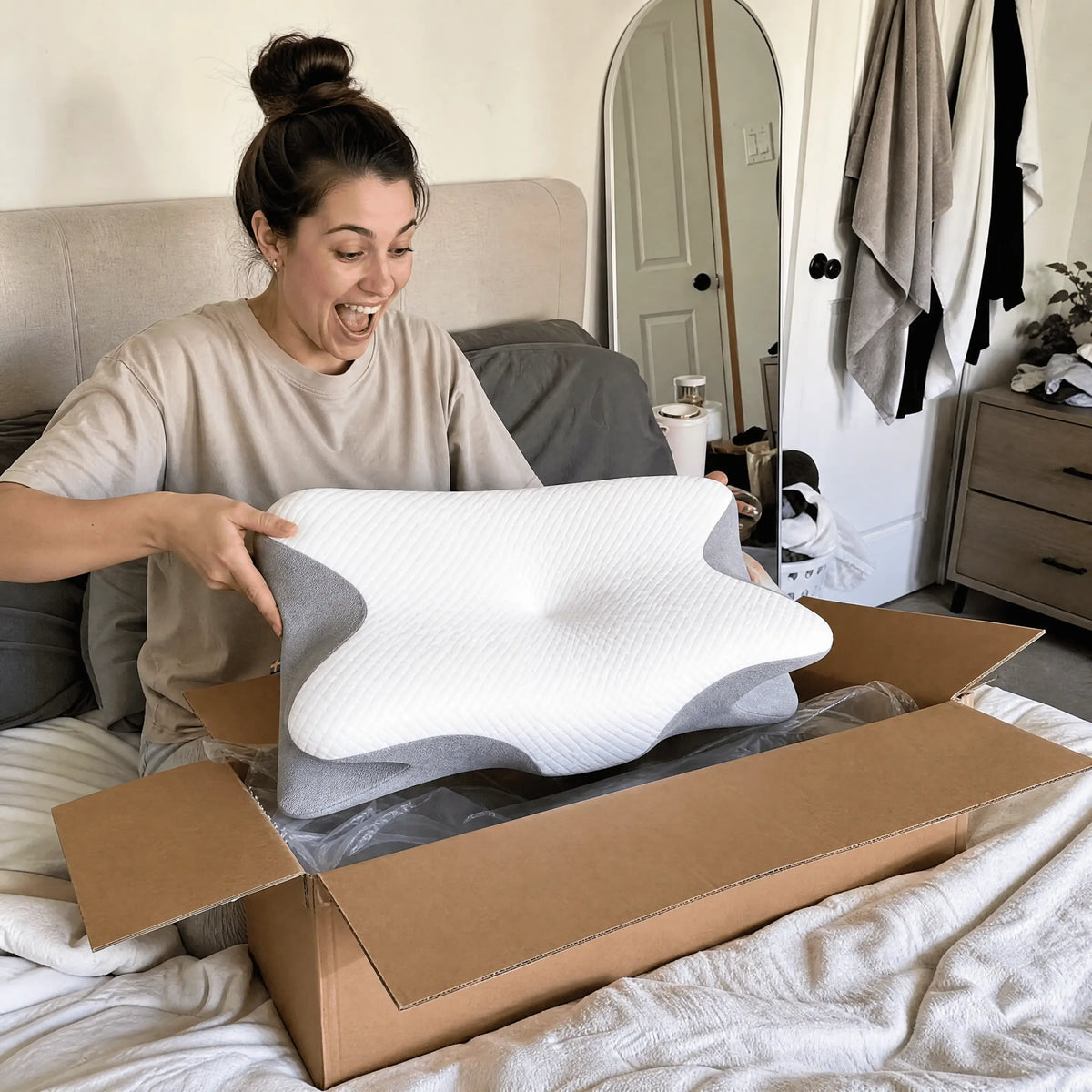Ergonomisch Nekkussen Memory Foam voor Rug- Zij- en Buikslapers Drukverlagend Ademend met Katoenen Hoes | Sansoti