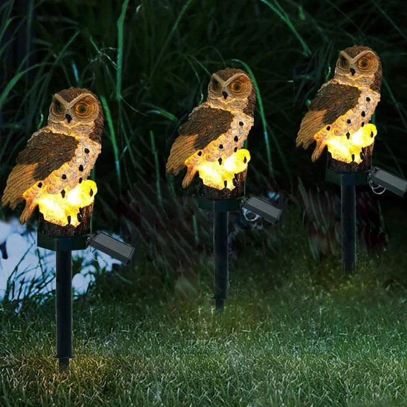 Uilvormige Tuinlamp op Zonne-energie 45cm Bruin Wit Decoratieve Buitenverlichting Weerbestendig | Sansoti