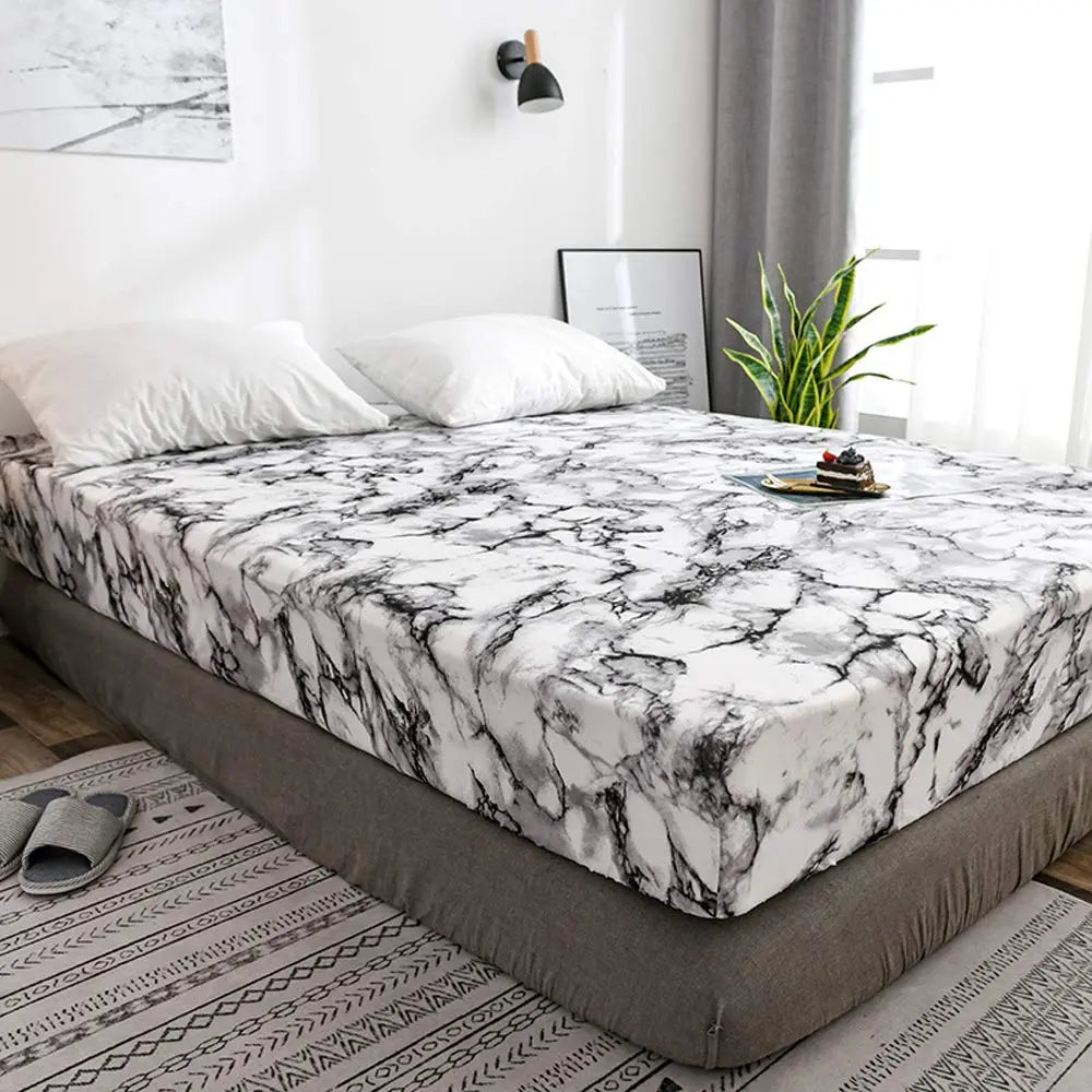 Microfiber Fitted Sheet Set with Marble Print Breathable Fabric Daily Comfort Deep Fit Wrinkle-Free | Sansoti