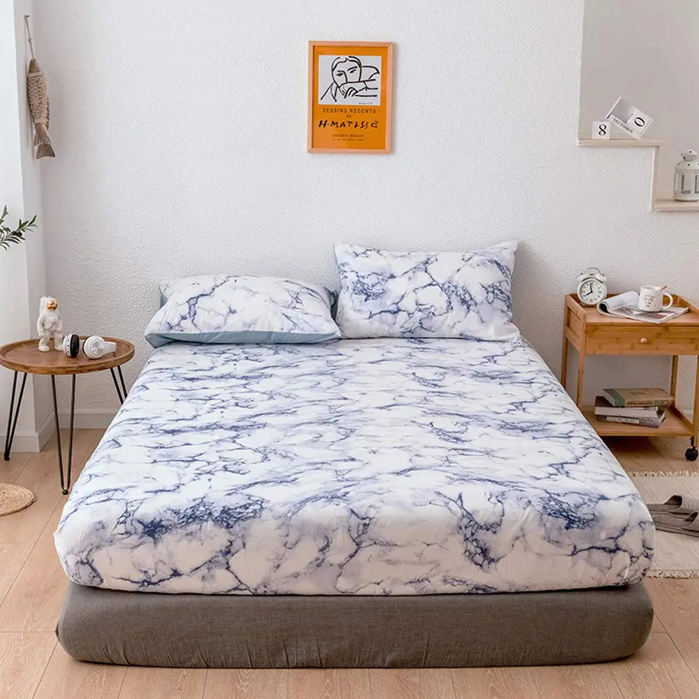 Microfiber Fitted Sheet Set with Marble Print Breathable Fabric Daily Comfort Deep Fit Wrinkle-Free | Sansoti