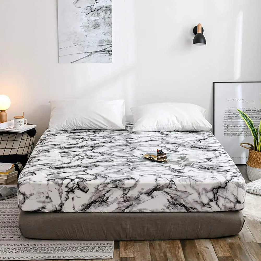 Microfiber Fitted Sheet Set with Marble Print Breathable Fabric Daily Comfort Deep Fit Wrinkle-Free | Sansoti