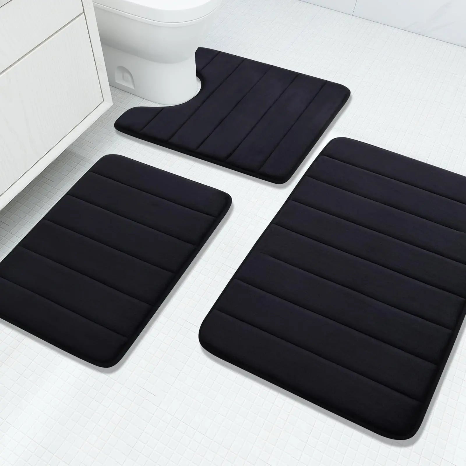 Fluwelen Memory Foam Badmatten Set van 3 Stuks – Waterabsorberend Antislip Badkamertapijt met Zachte Badmat voor Toilet en Douche | Sansoti