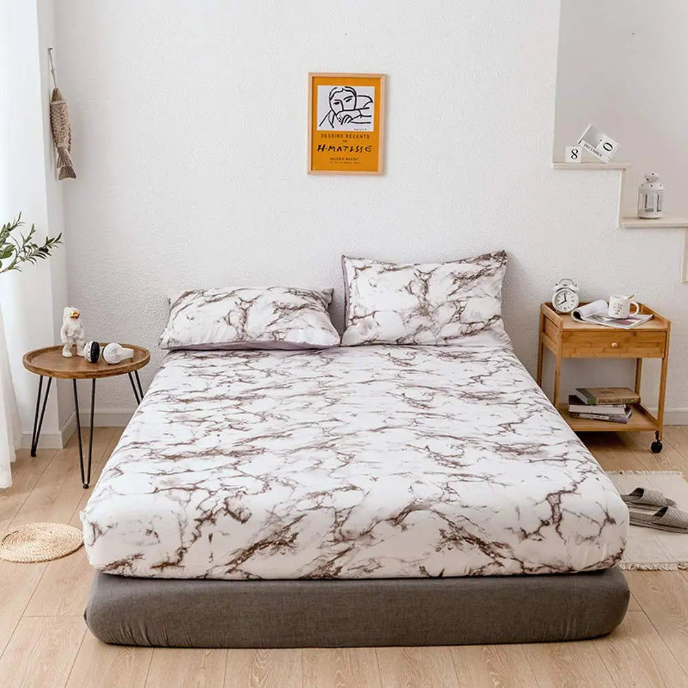 Microfiber Fitted Sheet Set with Marble Print Breathable Fabric Daily Comfort Deep Fit Wrinkle-Free | Sansoti