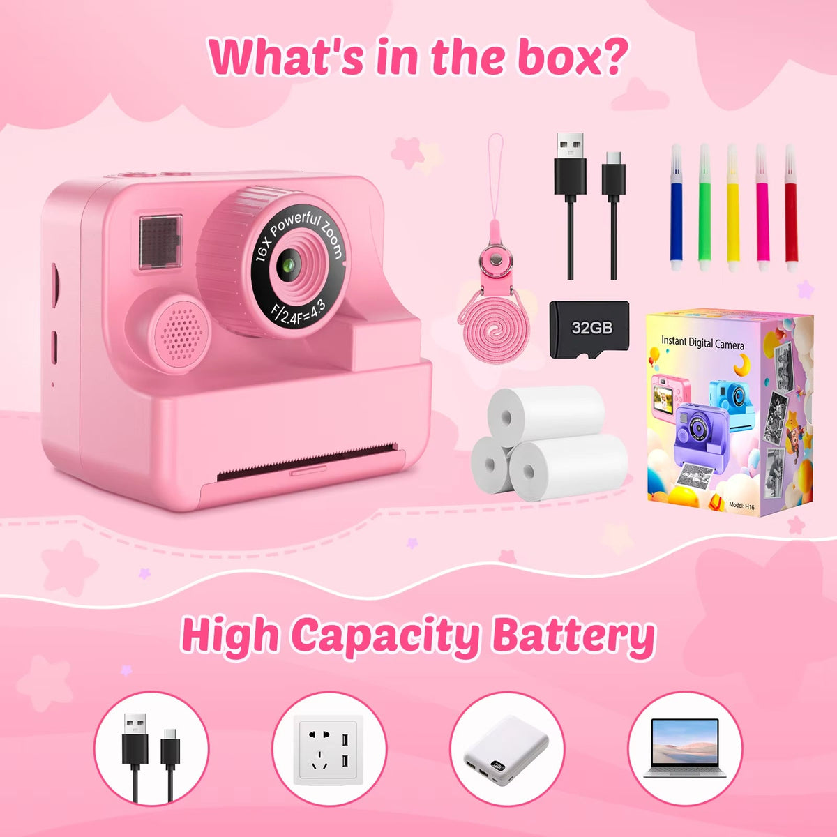 Directe Printcamera Kinderen 1080P HD Video 16x Zoom Instant Fotografie Educatief Speelgoed 3-12 Jaar | Sansoti