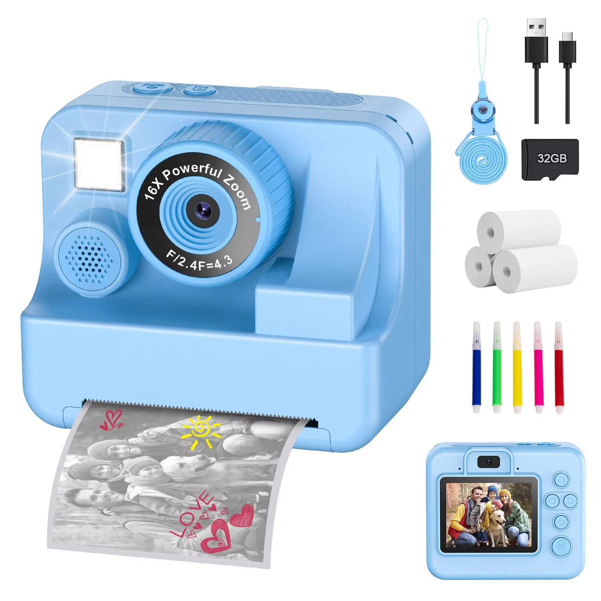 Directe Printcamera Kinderen 1080P HD Video 16x Zoom Instant Fotografie Educatief Speelgoed 3-12 Jaar | Sansoti