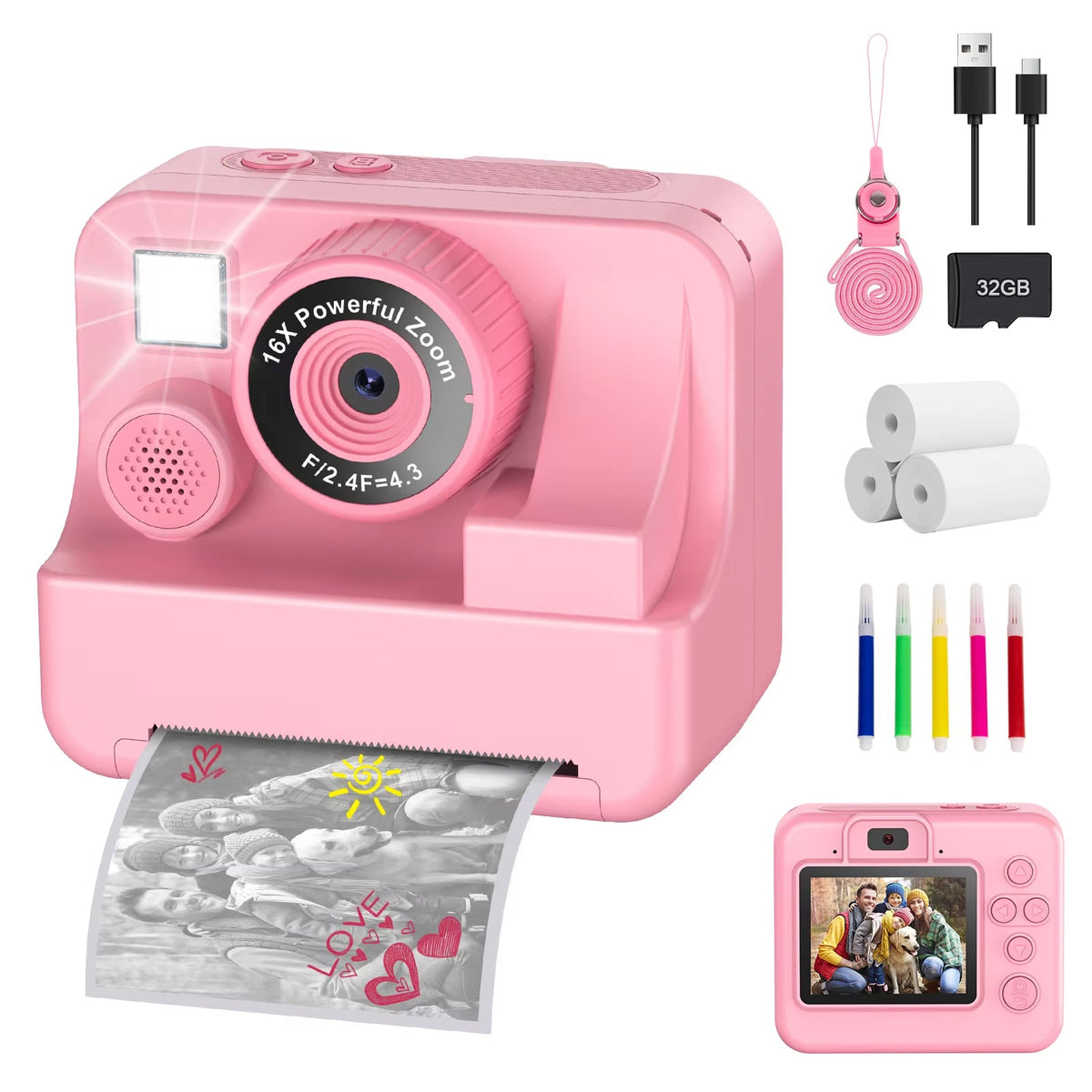 Directe Printcamera Kinderen 1080P HD Video 16x Zoom Instant Fotografie Educatief Speelgoed 3-12 Jaar | Sansoti