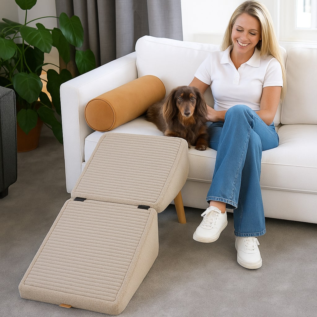 Haustiertreppe mit Liegefunktion, Stahlrahmen, Polyester, rutschfester Aufgang, Hund, Katze, Sofa, Bett, Möbel, Treppe, Stauraum | Sansoti