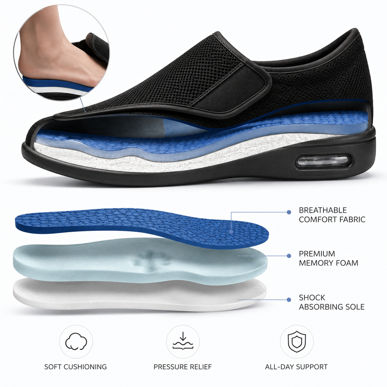 Brede Instapschoenen voor Gevoelige en Gezwollen Voeten – Memory Foam Inlegzool – Naadloos Interieur – Diabetische Comfortschoenen voor Dagelijks Gebruik | Sansoti