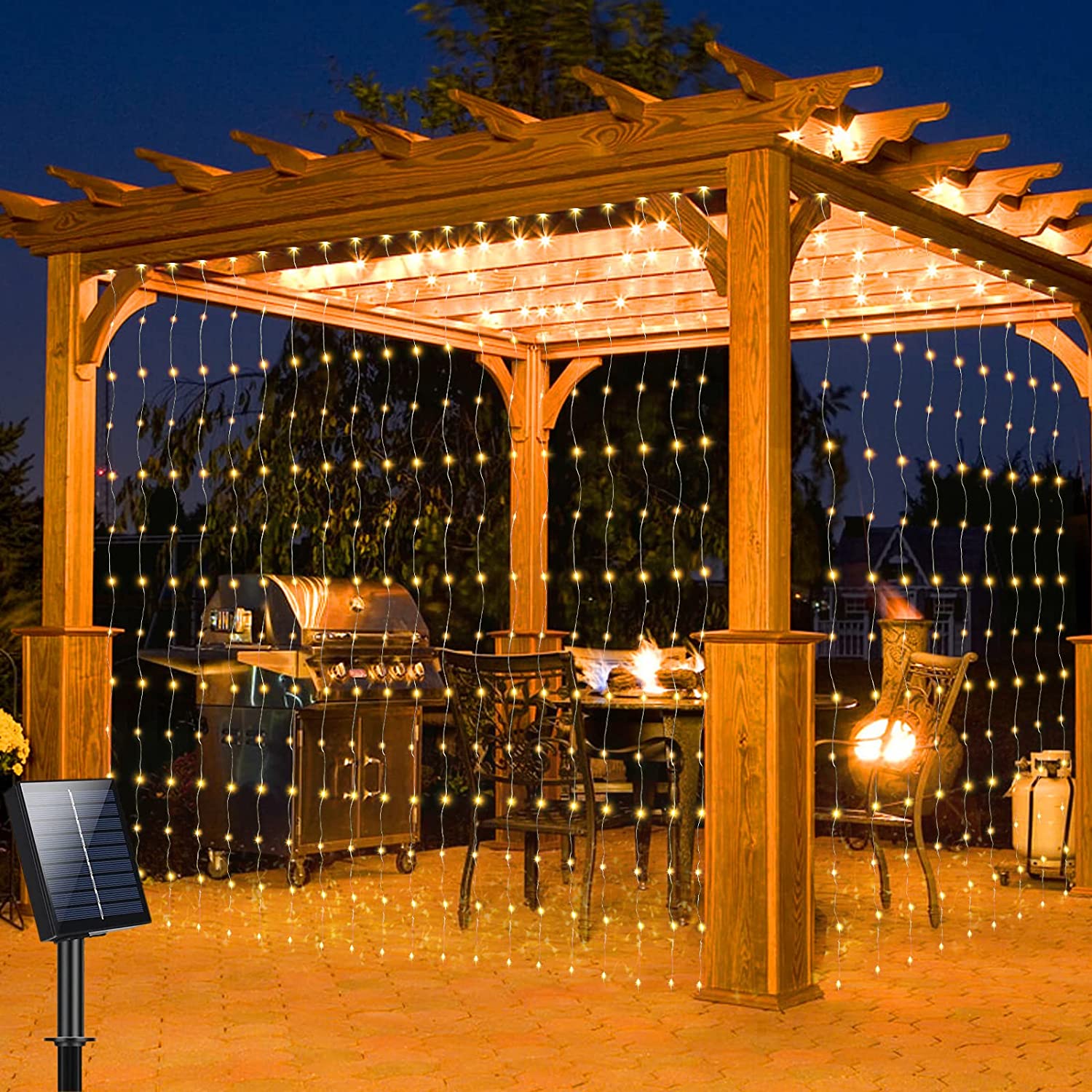 Zonne-energie Lichtgordijn voor Buiten 300 LED Warm Wit Waterbestendige Sfeerverlichting Tuin Terras | Sansoti