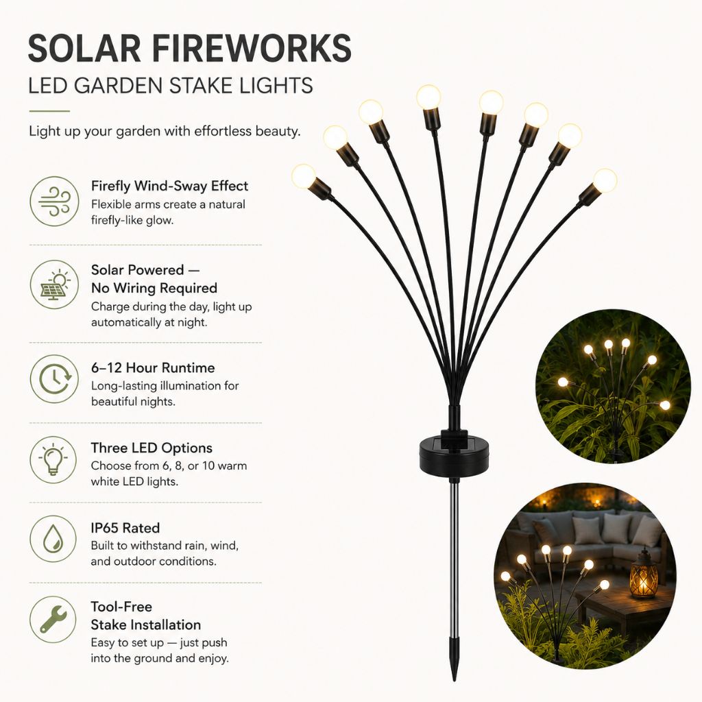 Solarne oświetlenie ogrodowe z poruszającymi się gałązkami LED, wodoodporne IP65, 6–10 diod LED, efekt świetlików, do użytku na zewnątrz | Sansoti