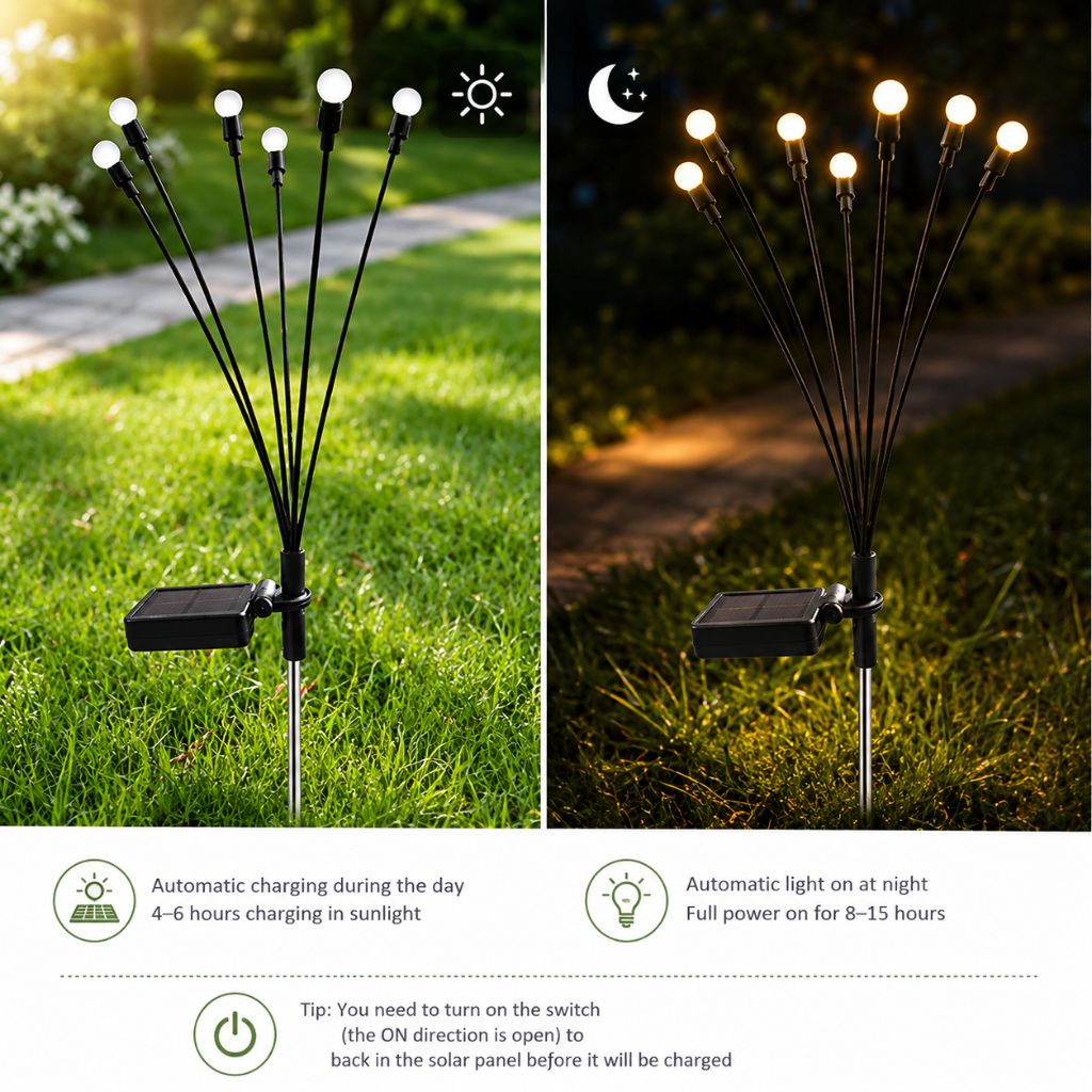 Solarne oświetlenie ogrodowe z poruszającymi się gałązkami LED, wodoodporne IP65, 6–10 diod LED, efekt świetlików, do użytku na zewnątrz | Sansoti
