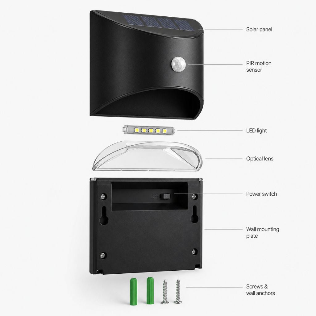 Solarbetriebene Außenlampe mit Bewegungssensor, IP65, wasserdichte LED-Beleuchtung für Garten, Wand, Weg und Einfahrt | Sansoti
