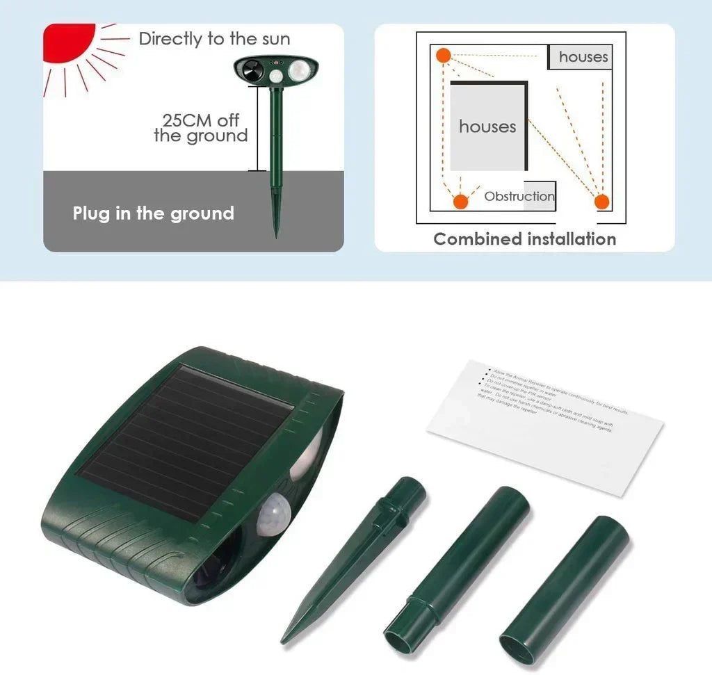 Solar-Powered Ultrasonic Garden Repellent with Motion Sensor for Animal Deterrence Outdoor Protection up to 225m² | Sansoti