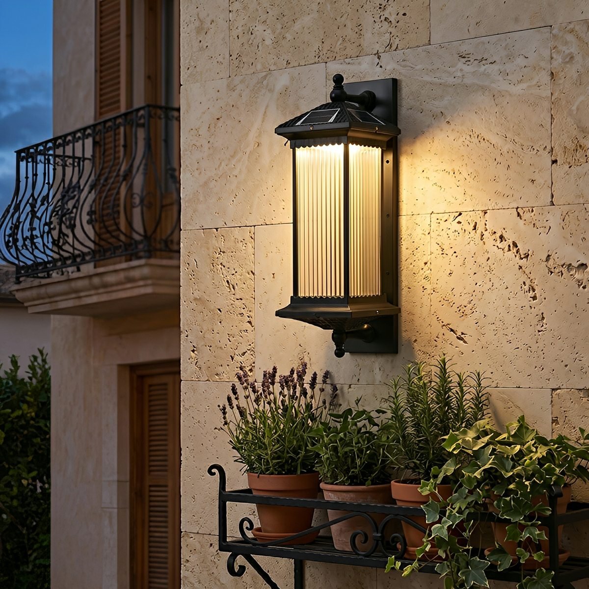 Solar-Powered Outdoor Wall Light Aluminum Black Striped Shade IP55 Waterproof LED Garden Lighting | Sansoti