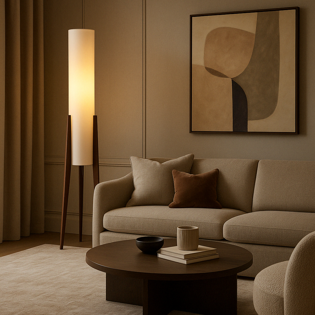 Stehende Stehlampe aus massivem Walnussholz, LED, warmweißes Licht, Stoffschirm, skandinavisch, Wohnzimmer, Leseecke | Sansoti