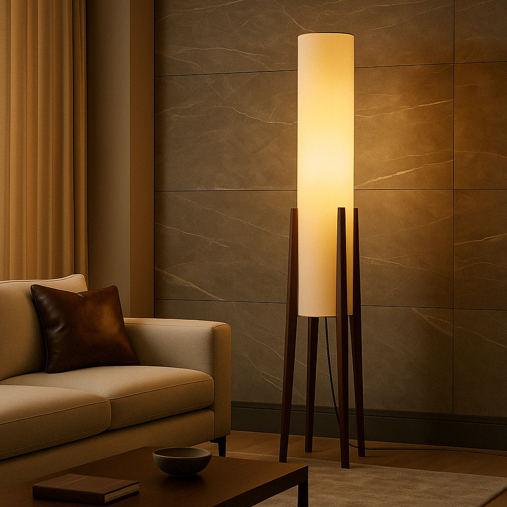 Stehende Stehlampe aus massivem Walnussholz, LED, warmweißes Licht, Stoffschirm, skandinavisch, Wohnzimmer, Leseecke | Sansoti