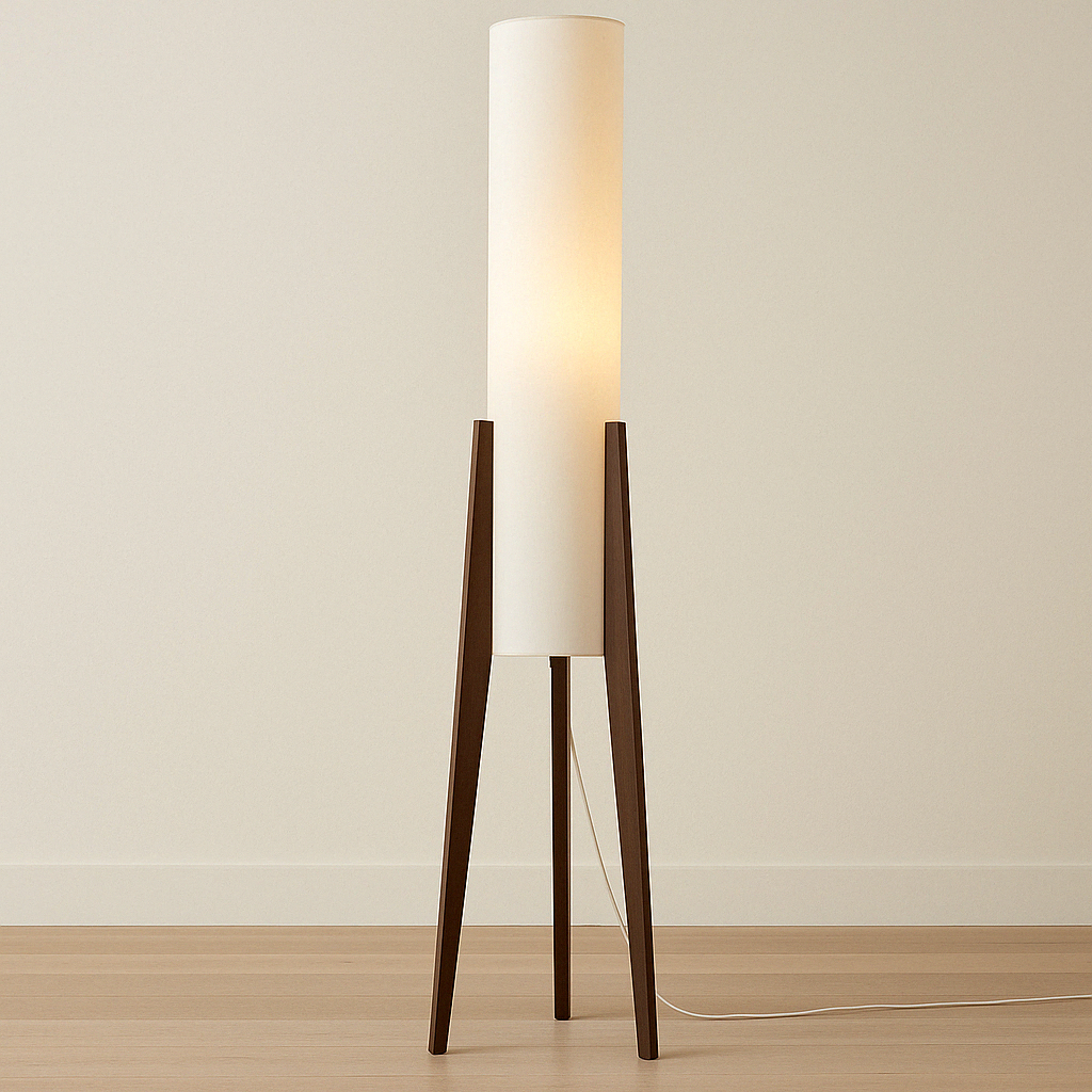 Stehende Stehlampe aus massivem Walnussholz, LED, warmweißes Licht, Stoffschirm, skandinavisch, Wohnzimmer, Leseecke | Sansoti