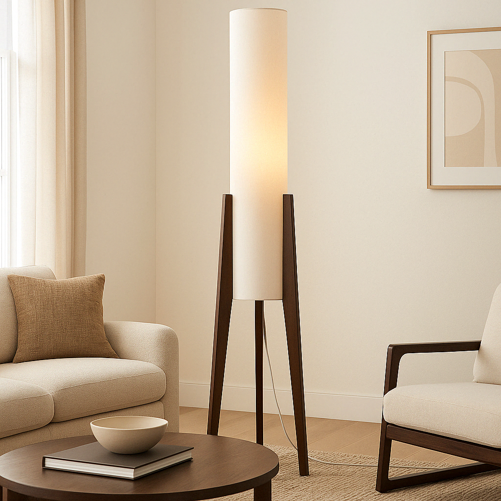 Stehende Stehlampe aus massivem Walnussholz, LED, warmweißes Licht, Stoffschirm, skandinavisch, Wohnzimmer, Leseecke | Sansoti