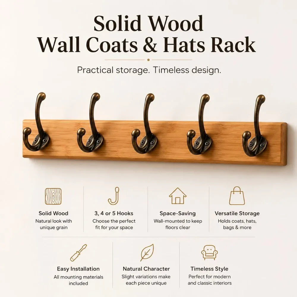 Massive Holz-Garderobenleiste zur Wandmontage mit 3–5 Haken, Flur-Garderobe für Jacken und Taschen, Aufbewahrungssystem im rustikalen Design | Sansoti