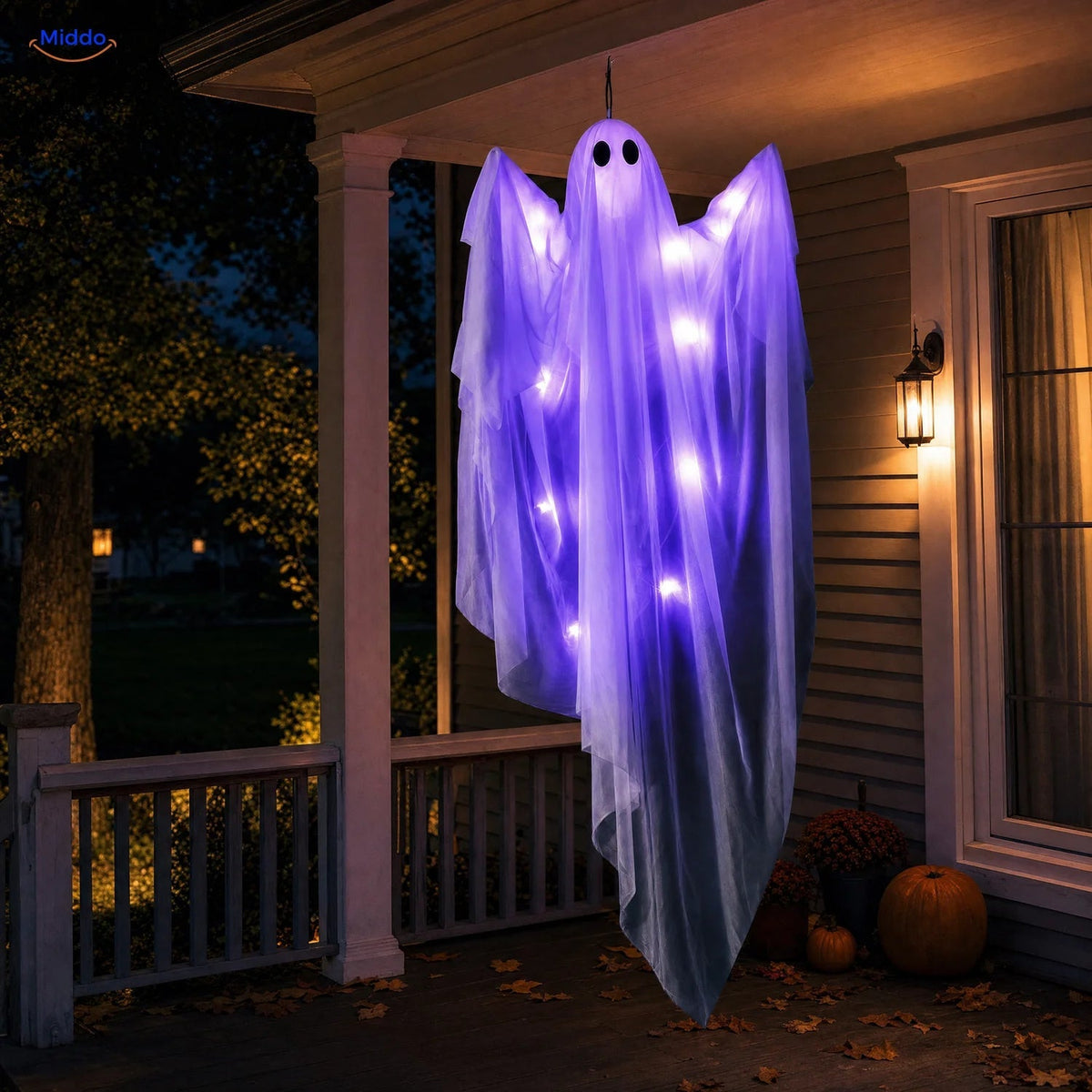 Hanging Halloween Ghost 119cm Drapery with LED Lighting Purple Warm White Spooky Ghost-Shaped Decoration | Sansoti