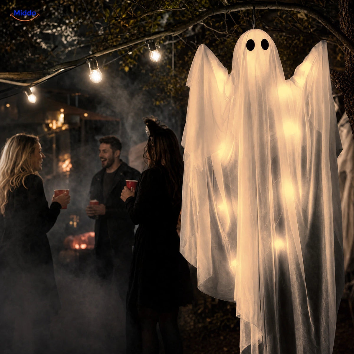 Hanging Halloween Ghost 119cm Drapery with LED Lighting Purple Warm White Spooky Ghost-Shaped Decoration | Sansoti