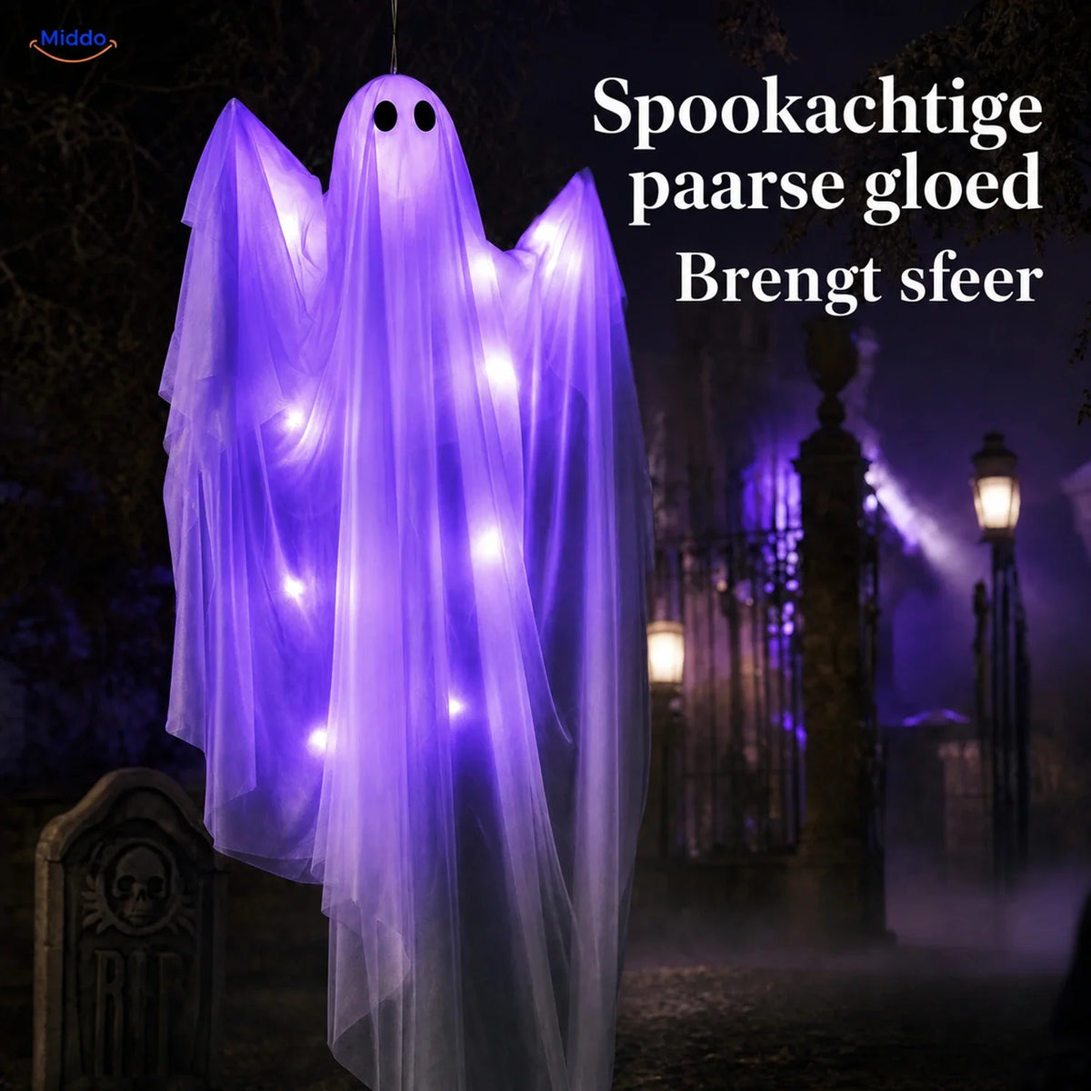 Hanging Halloween Ghost 119cm Drapery with LED Lighting Purple Warm White Spooky Ghost-Shaped Decoration | Sansoti