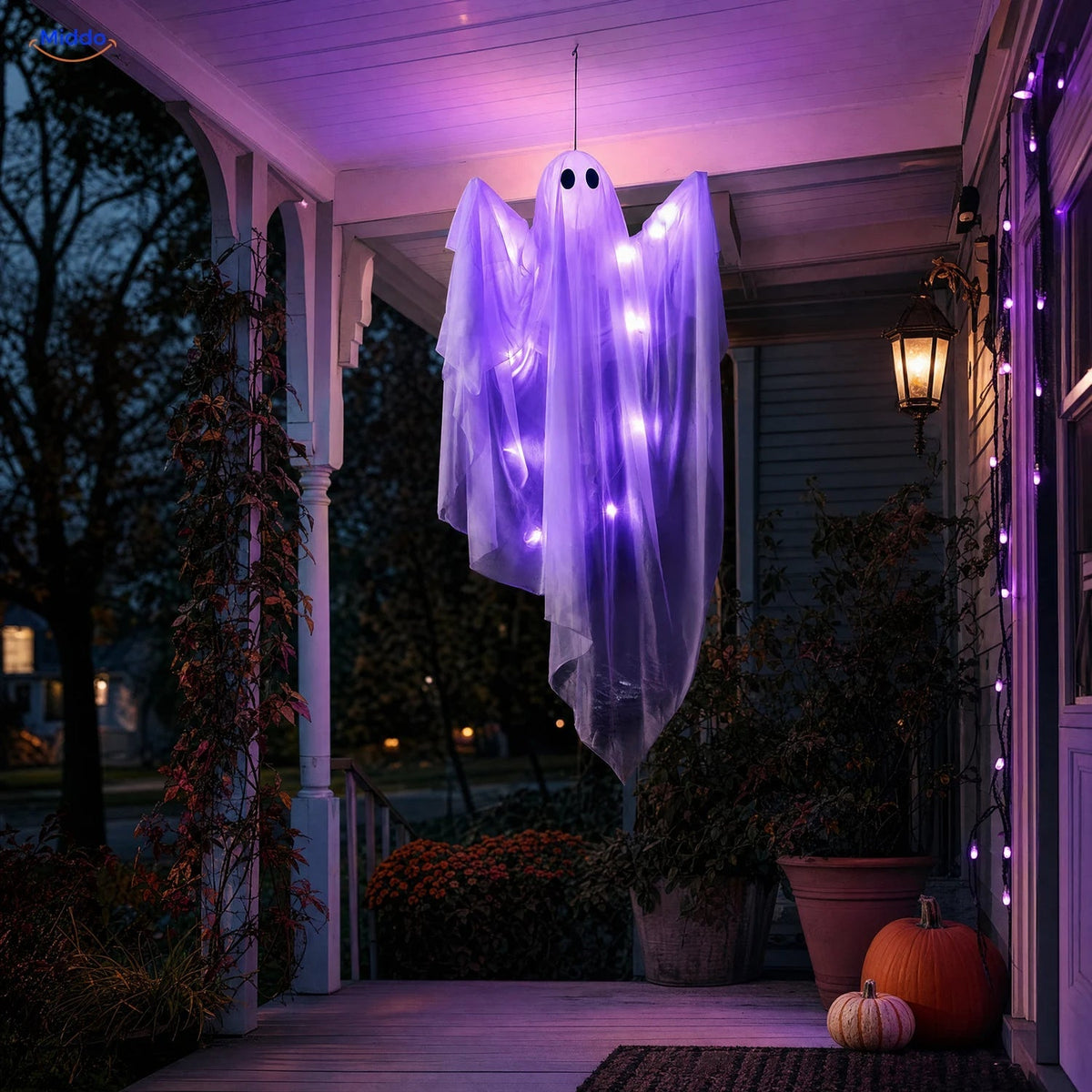Hanging Halloween Ghost 119cm Drapery with LED Lighting Purple Warm White Spooky Ghost-Shaped Decoration | Sansoti