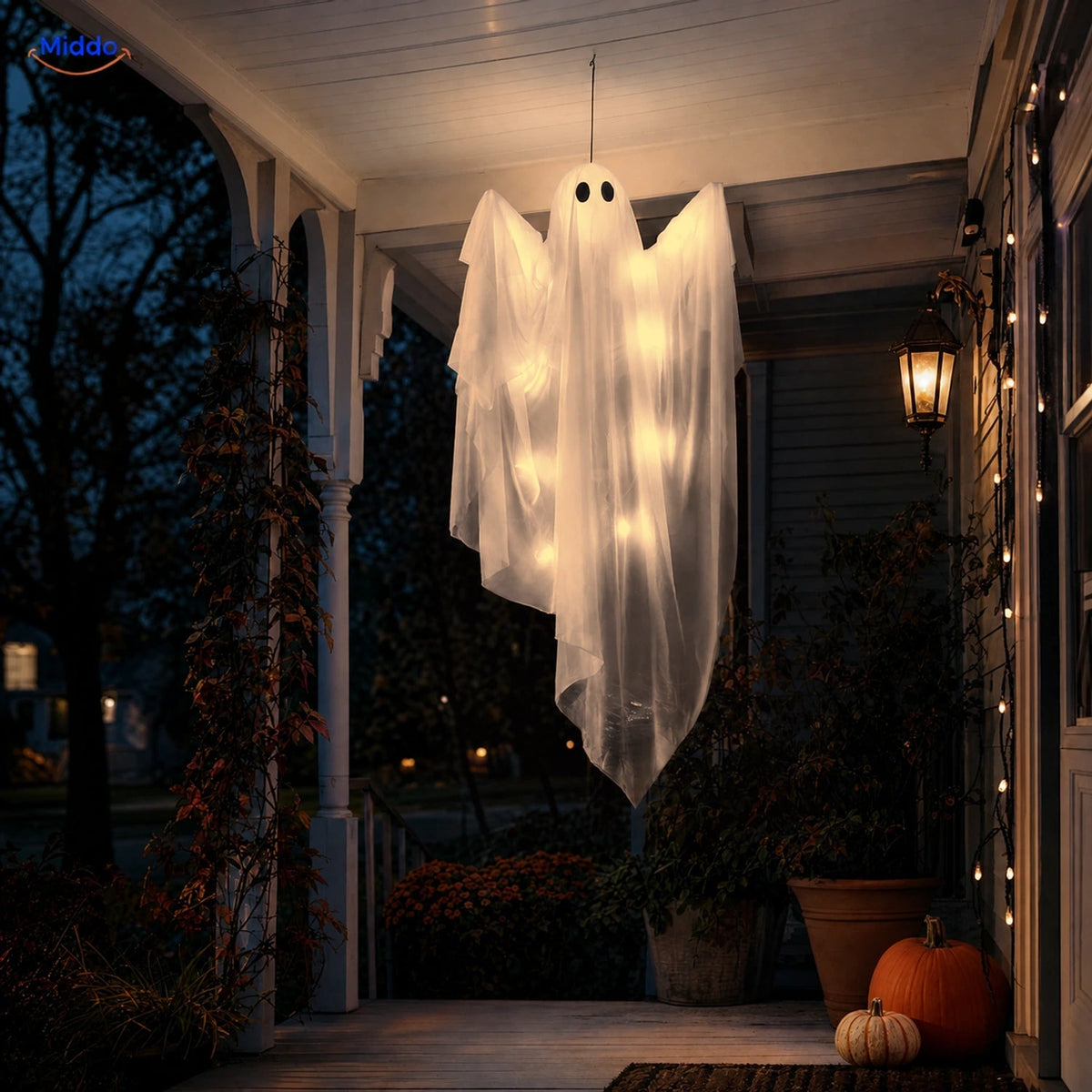 Hanging Halloween Ghost 119cm Drapery with LED Lighting Purple Warm White Spooky Ghost-Shaped Decoration | Sansoti
